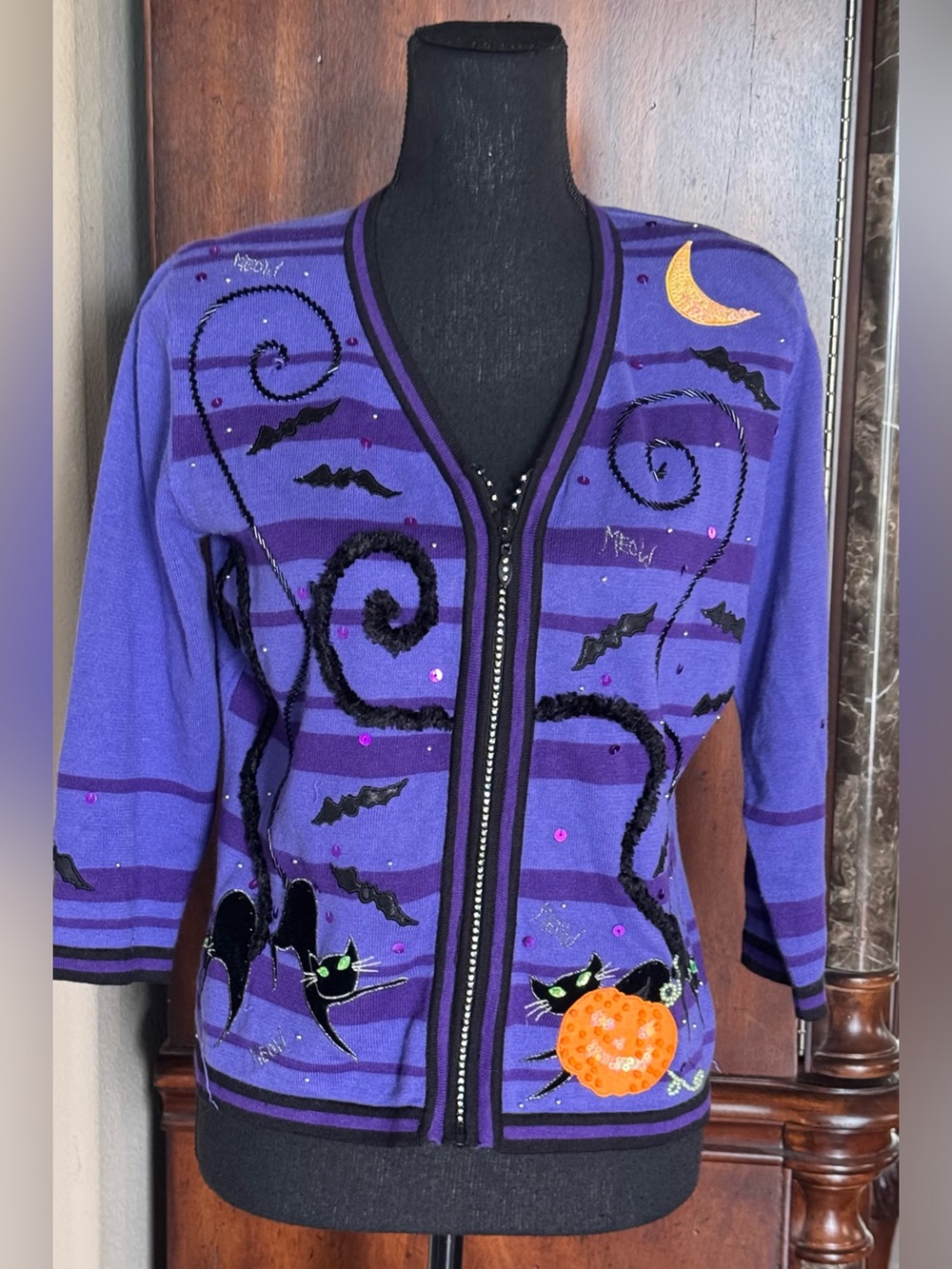 Jack B Quick Halloween Cat Sequin Zipper Sweater